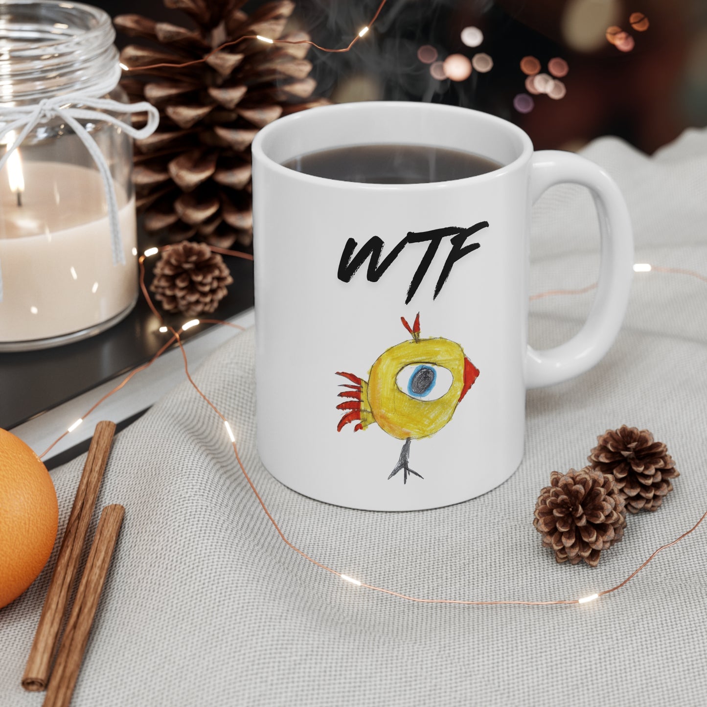 WTF Coffee Mug with Funny Birdy Illustration — 11 oz Ceramic Mug