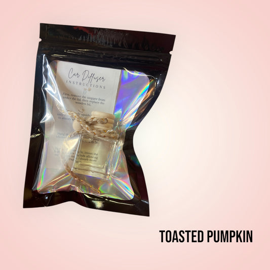 Car diffuser packaging with instructions on a pink background, labeled 'Toasted Pumpkin'.