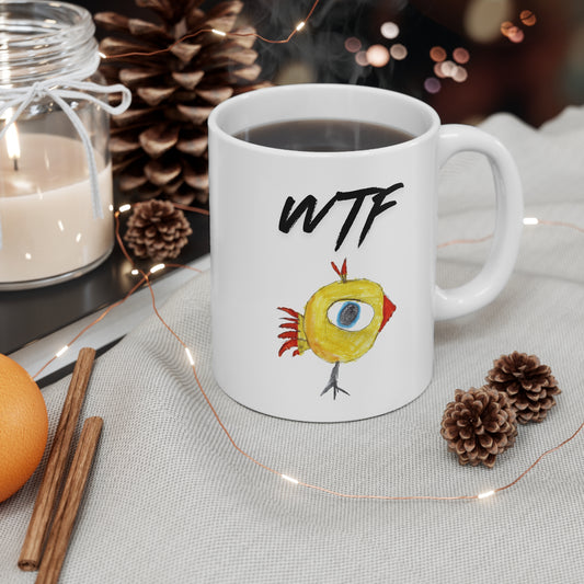 WTF Coffee Mug with Funny Birdy Illustration — 11 oz Ceramic Mug