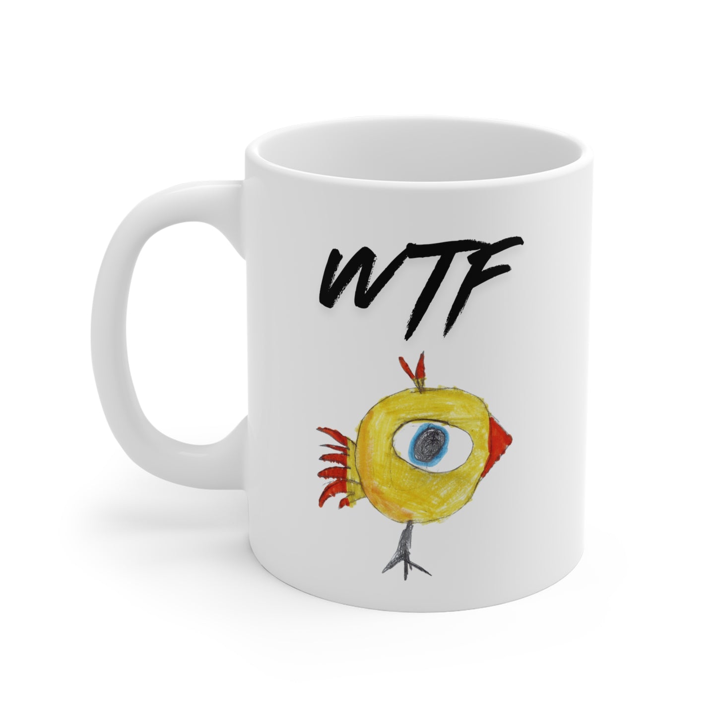 WTF Coffee Mug with Funny Birdy Illustration — 11 oz Ceramic Mug