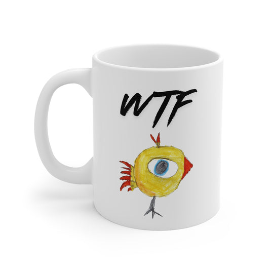 WTF Coffee Mug with Funny Birdy Illustration — 11 oz Ceramic Mug