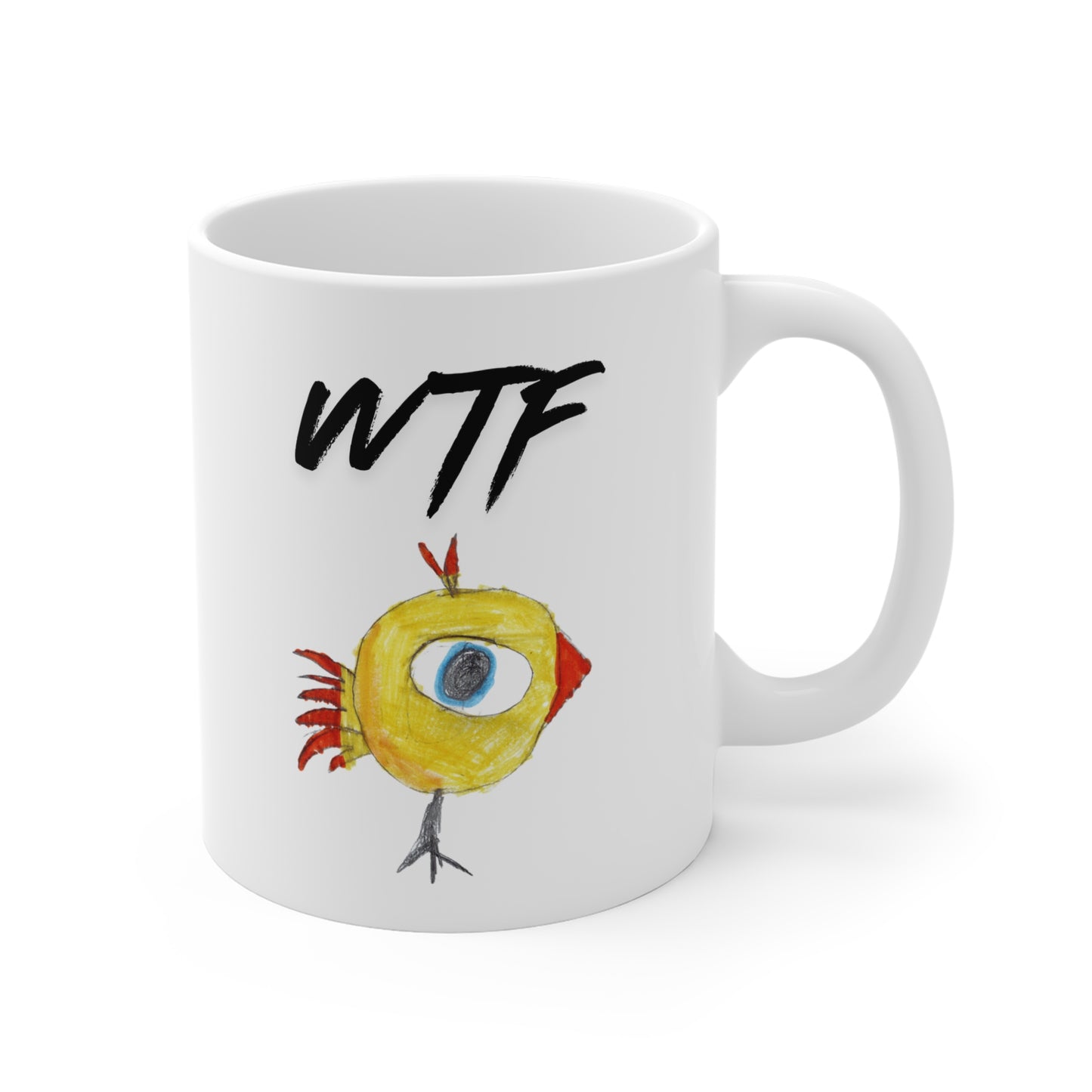 WTF Coffee Mug with Funny Birdy Illustration — 11 oz Ceramic Mug