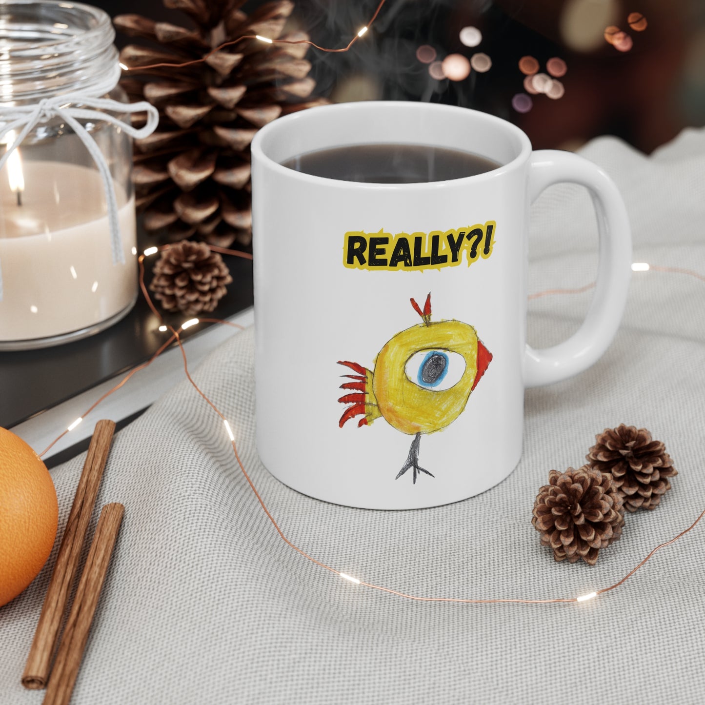 11oz Mug — Hand-Drawn Bird with 'really?!' Quote
