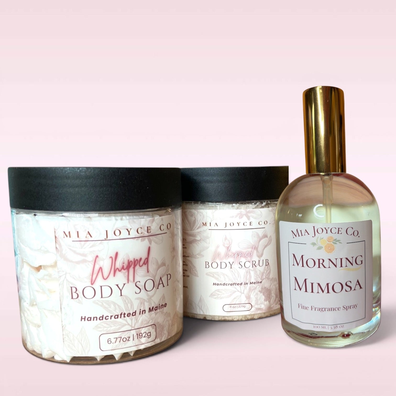 jar of whipped body soap and scrub, and 
fragrance spray bottle 